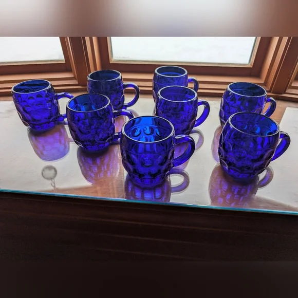 RARE Set of 8 Vintage Cobalt Blue Beer Mugs - 1930s New Martinsville Steins Gift - Picture 12 of 17